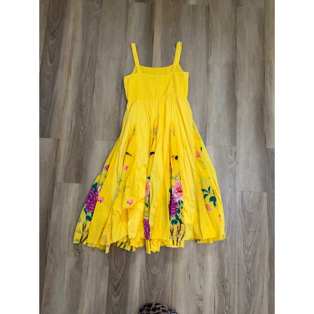 Sandy Starkman Yellow Floral Bird Smocked Cotton Midi Dress Large Whimsy - Picture 3 of 9